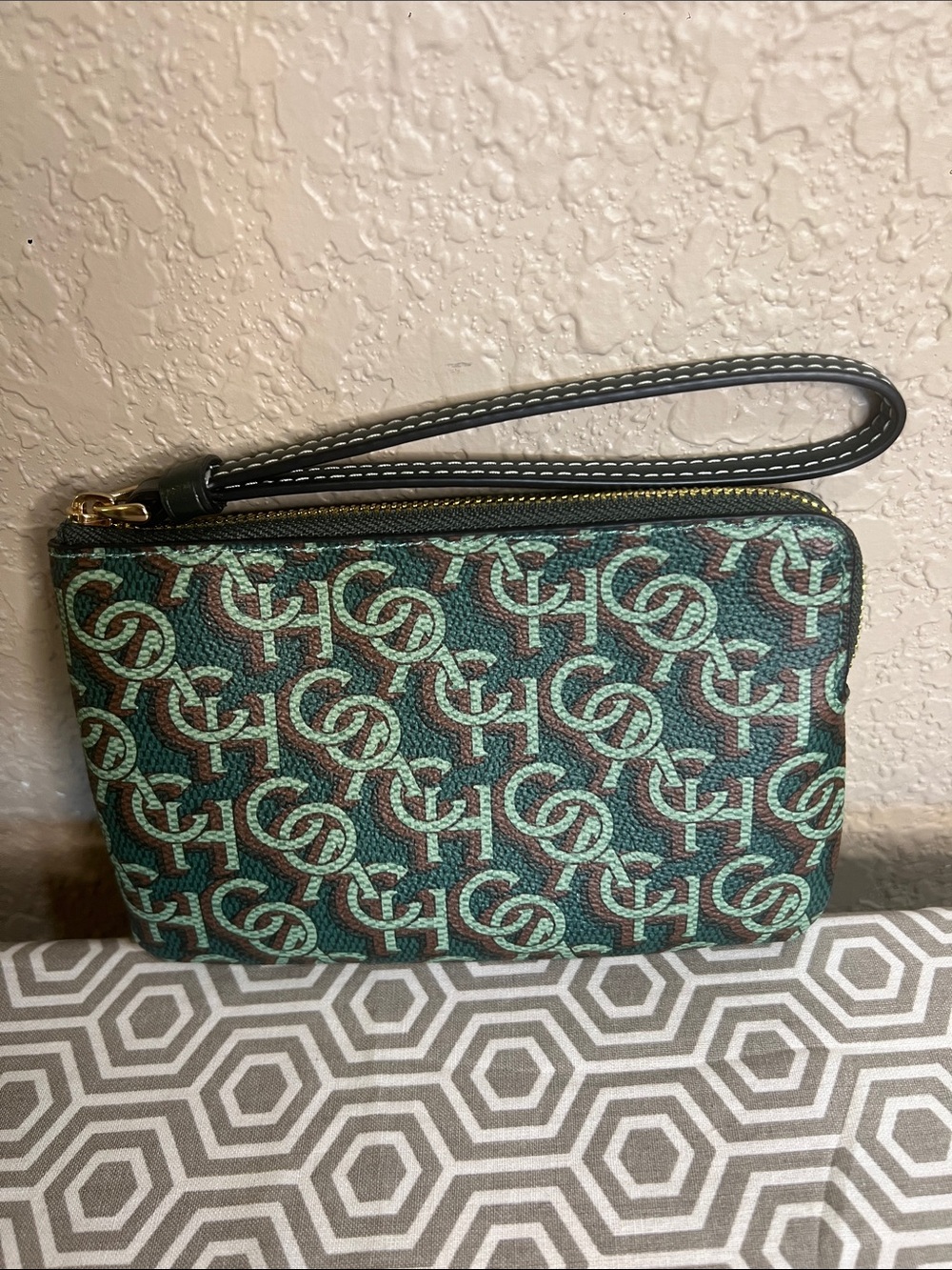 Coach IM/GREEN Signature Logo Wristlet CF548 CM LTH CRN ZIP